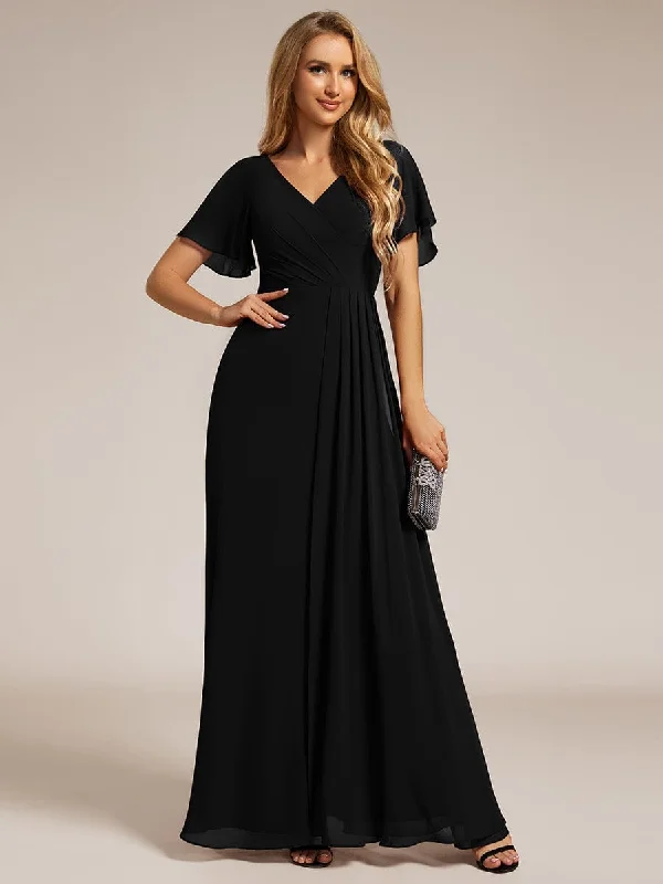 Shop Smart, Save Big!High Slit V-Neck Chiffon High Waist Bridesmaid Dress with Ruffle Sleeve
