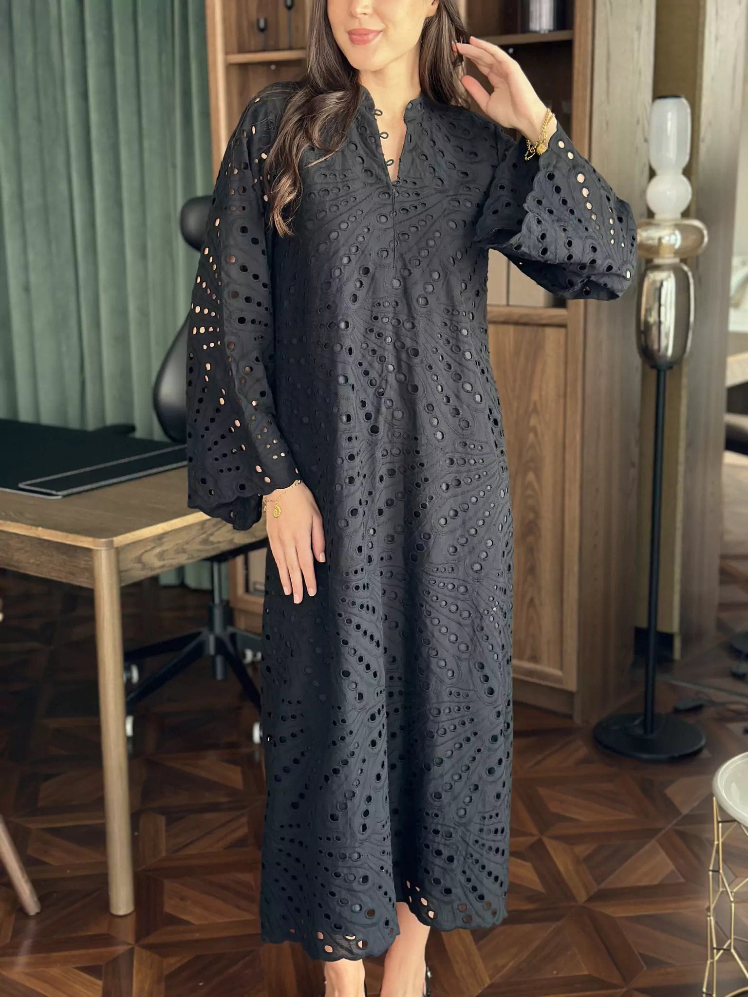 Best Offers of the Month!Ione Black Long Cutwork Shirt