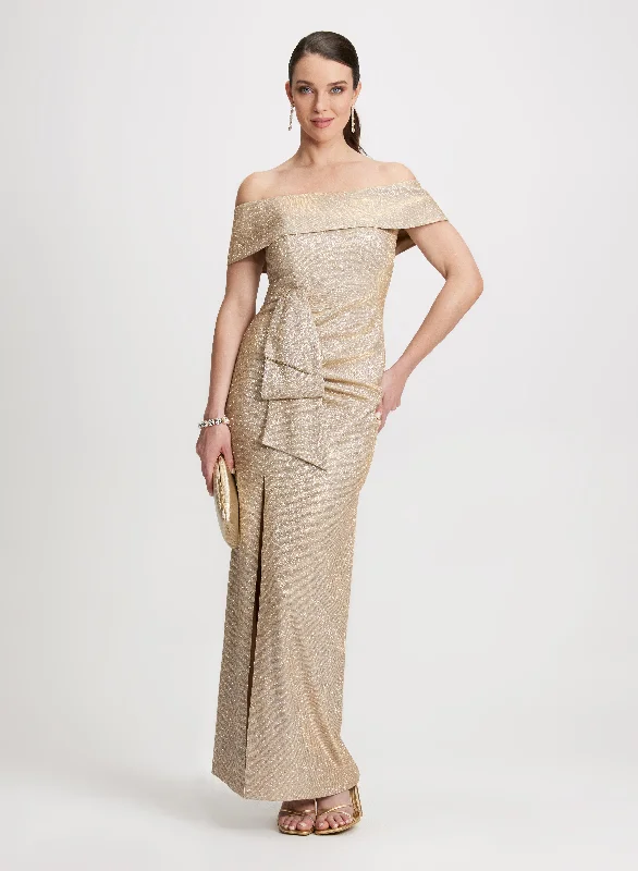 Price Drop Alert!Metallic Off-the-Shoulder Evening Dress