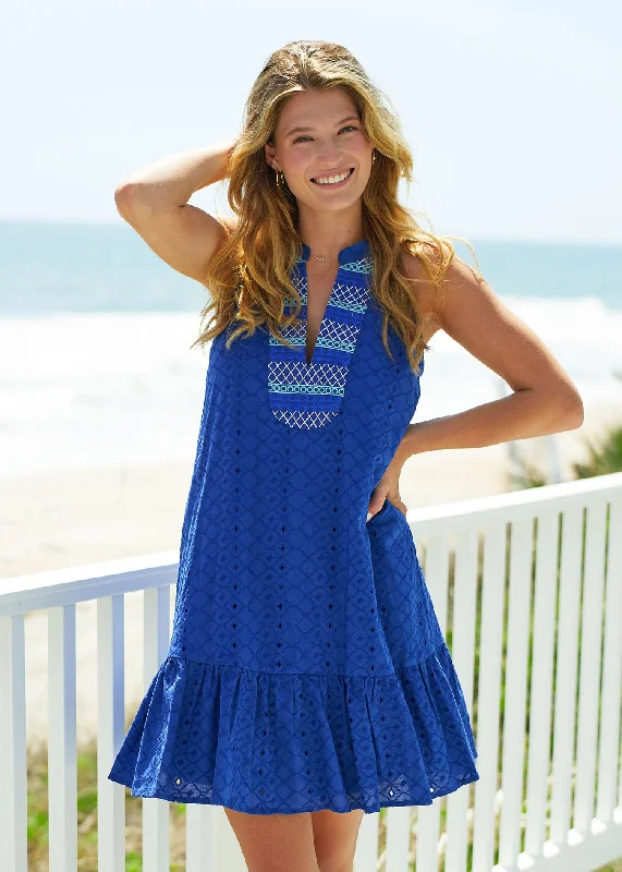 Your Favorite Items on Sale Now!Navy Embroidered Eyelet Halter Dress