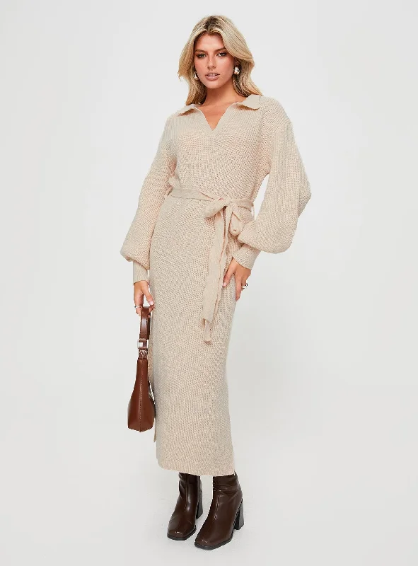 Find Your Perfect Deal Today!Oriel Long Sleeve Knit Maxi Dress Beige