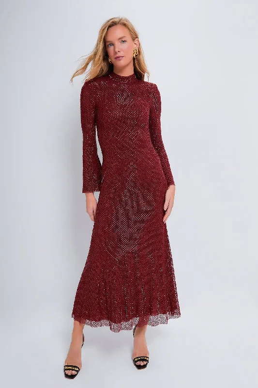 Your Exclusive Offer Awaits!Red Rhinestone Fishnet Midi Dress
