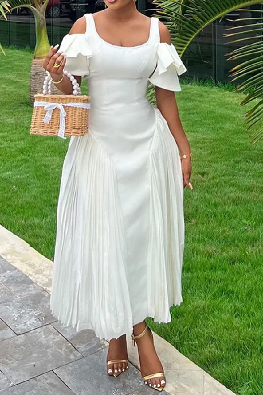 Limited Stock Available!Solid Color Unique Pleated Ruffle Cold Shoulder Maxi Dress