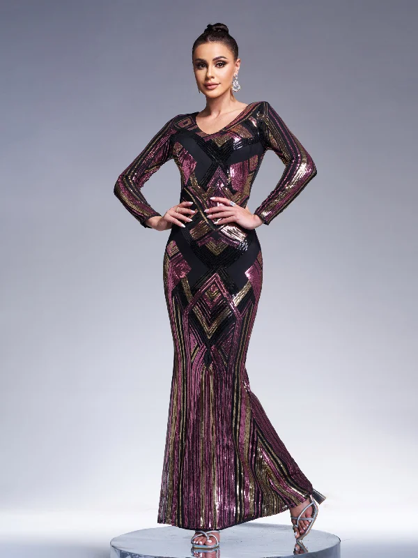 Your Exclusive Offer Awaits!V Neck Geometric Sequin Mermaid Evening Dress XJ1793