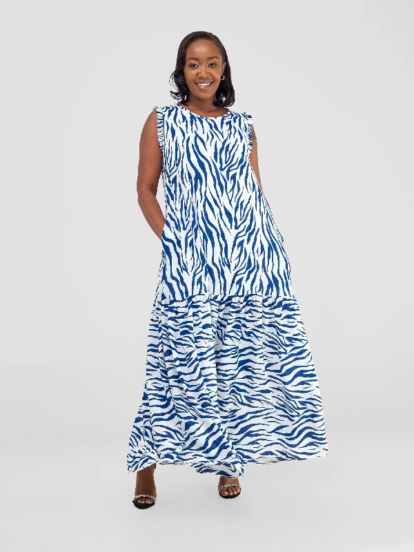 Your Best Deals Are Here!Ava Tent Flounce Maxi Dress - Blue / White Print