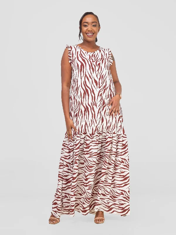 Limited Time Offer!Ava Tent Flounce Maxi Dress - Maroon / White Print