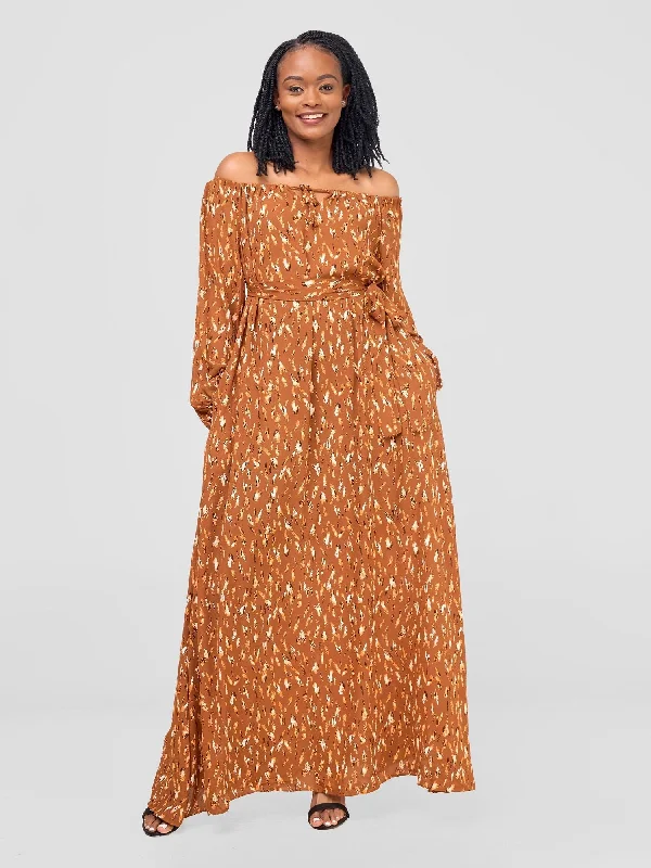 Enjoy Huge Discounts Now!Zahari Off-Shoulder Maxi Dress - Rust / Black Print