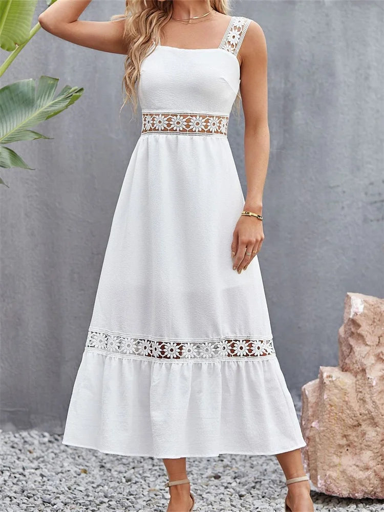 Your Wallet Will Thank You!Amy Fashion - Women Hollow Out  Lace Floral Patchwork Square Neck Sleeveless Party Beach Club Summer Streetwear New