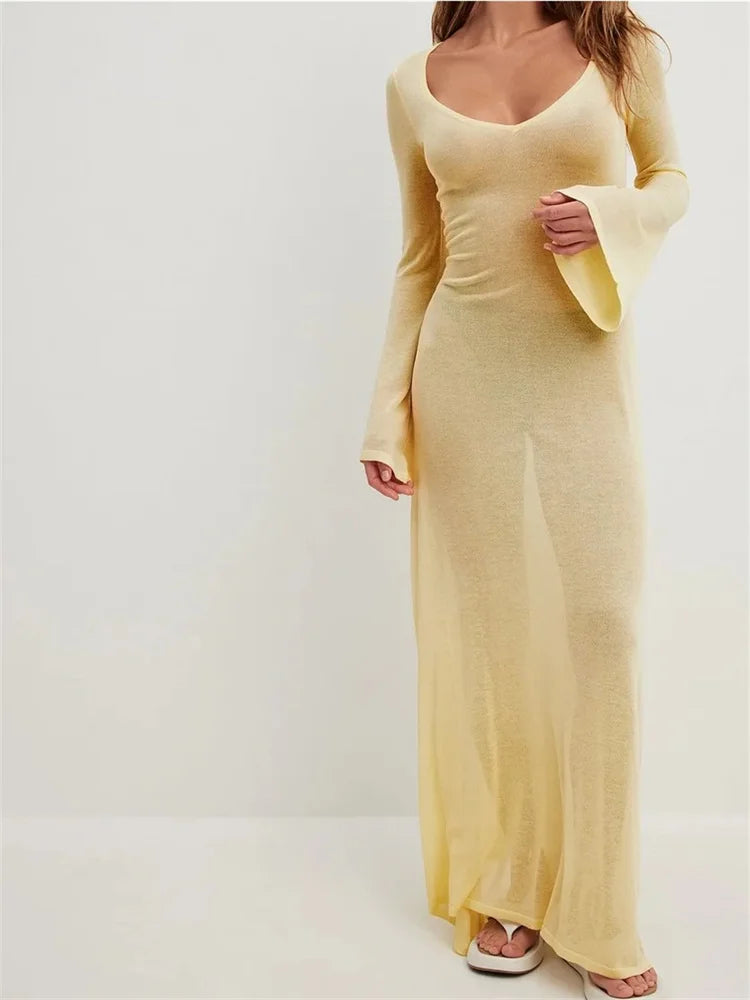 Amazing Prices You Can’t Resist!Amy Fashion - Women  Vintage  Sleeve V Neck See Through Slim Fit Solid Color Party Female Vestidos Streetwear