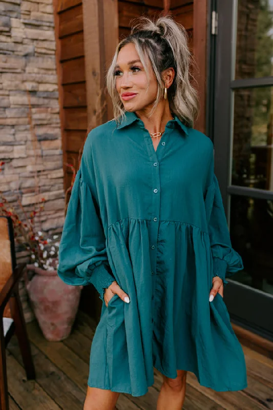 Score Huge Discounts Today!Cafe Patio Button Down Mini Dress in Hunter Green